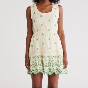 NWT! Maisie Embroidered Eyelet Sleeveless Cotton Minidress Large GREEN/ IVORY